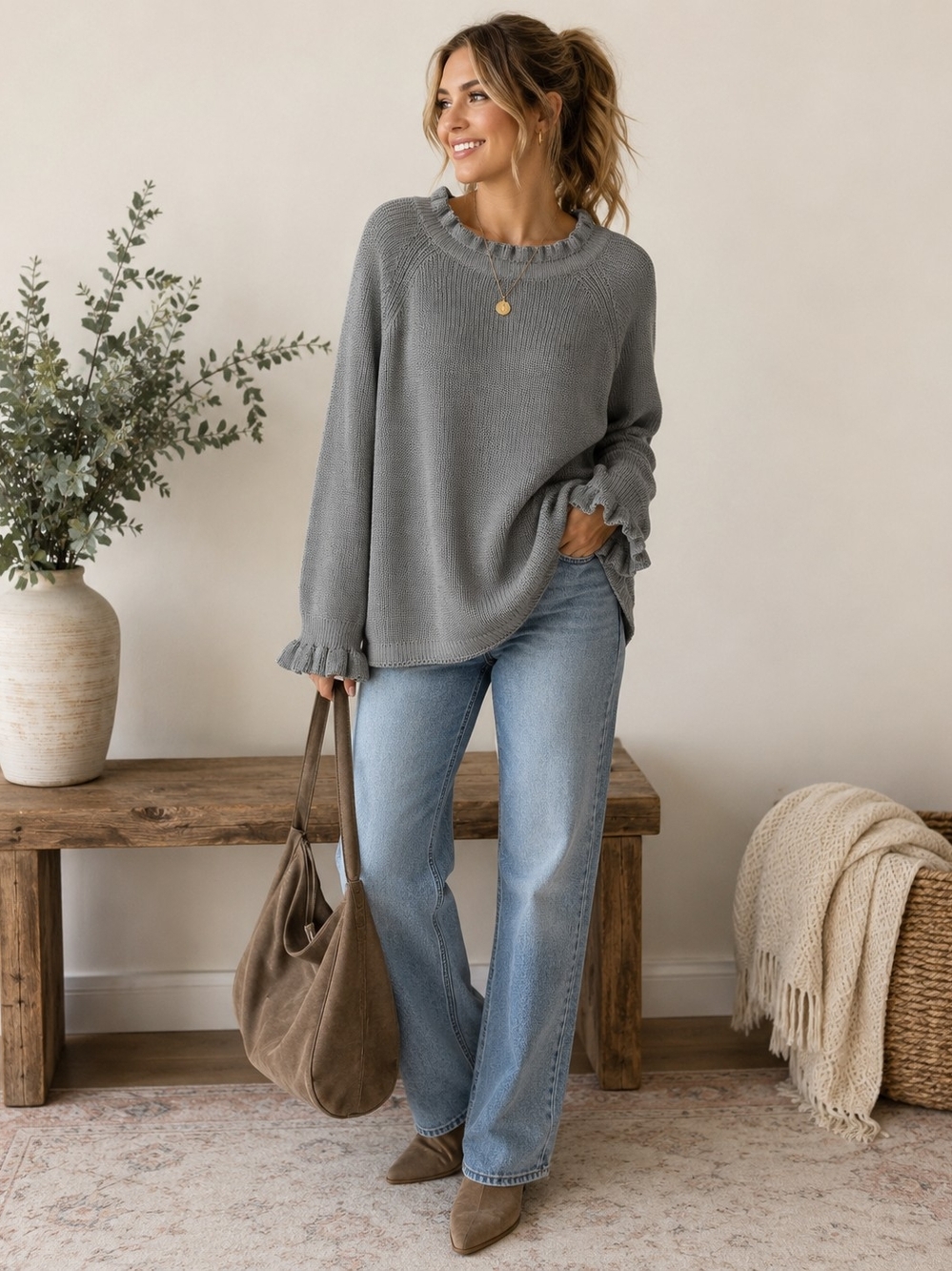 Hayden Los Angeles Gray Ruffle Knit Sweater 2XL NWT Oversized Cottagecore